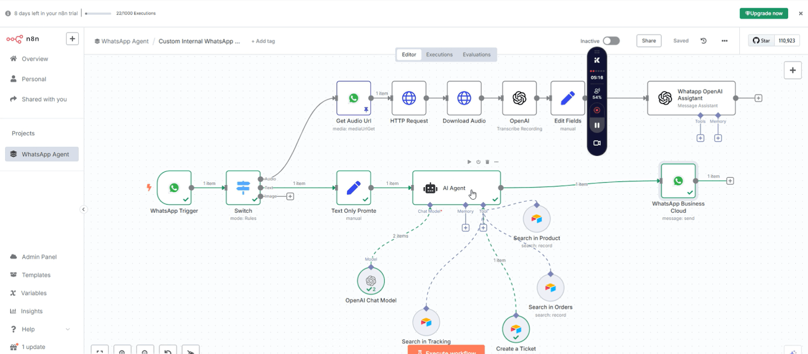 A visual representation of an n8n WhatsApp webhook workflow using the n8n WhatsApp node to process messages and automate replies.