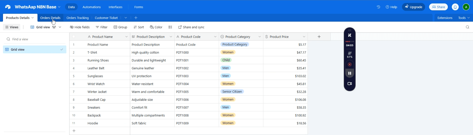 An Airtable view of product data queried by an n8n WhatsApp chatbot for answering user queries based on product details.