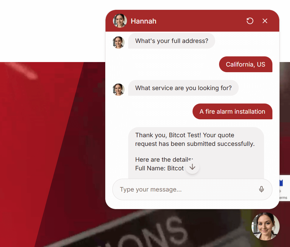 A conversational AI chatbot solution for websites captures customer information, including name, email, and inquiry details.